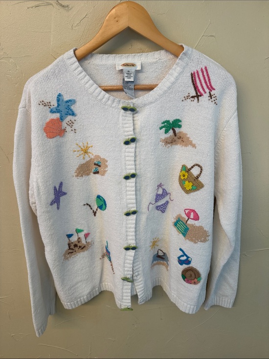 Talbots Sweaters - Talbots White Embroidered Beach-Themed Cardigan